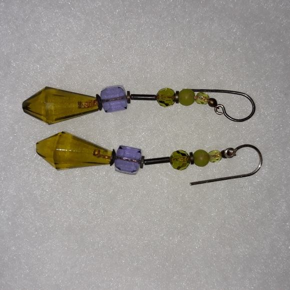 Green and Purple Glass  2" Drop Earrings - Picture 3 of 3